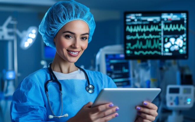 Smiling Female Doctor Using Tablet in Operating Room