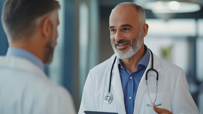 Pharmaceutical sales representative talking with doctor in medical building presenting new medication on tablet Hospital director manager in modern clinic with surgeon : Generative AI