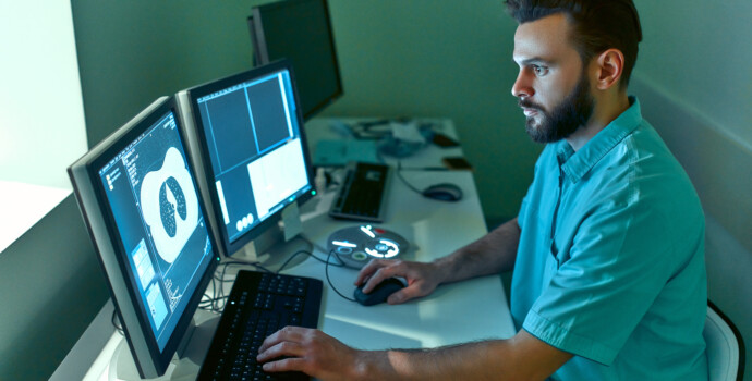 In the medical laboratory, the patient undergoes an MRI or CT sc