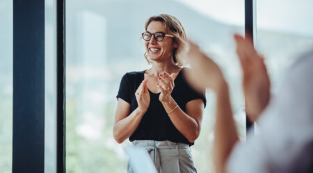 Business people women applauding after productive meeting