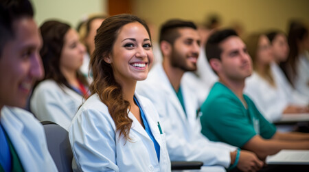 smiling cheerful nurse doctor sit relax in seminar training clas