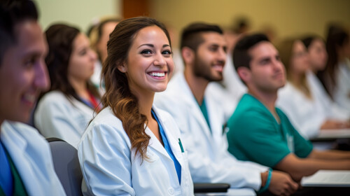 smiling cheerful nurse doctor sit relax in seminar training clas