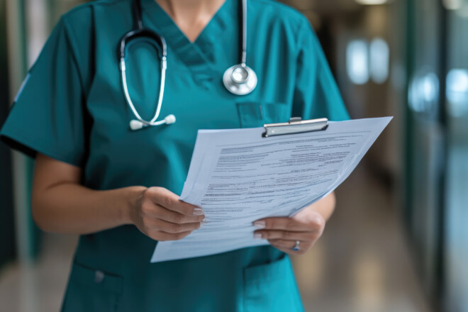 Confident female doctor in blue scrubs holds clipboard with medical records in hospital corridor, ready to provide care